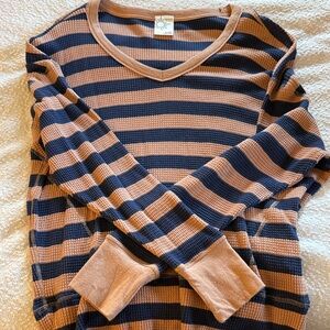 Offline by Aerie Striped V-Neck thermal top- Navy and Tan
